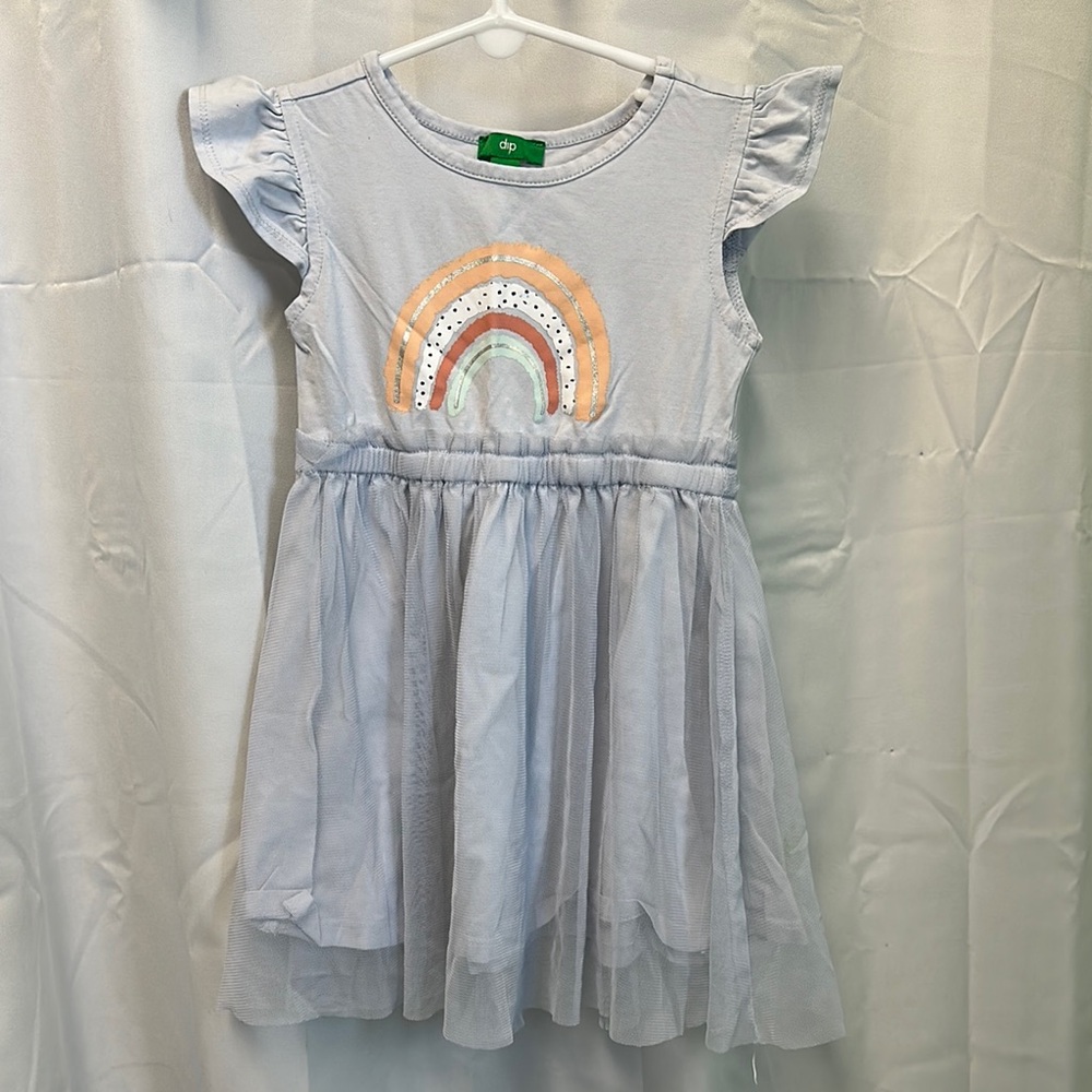Dip Light Blue Dress with Tule Skirt, Flutter Sleeve and Rainbow Accent